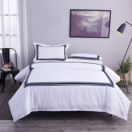 Ceruleanhome 3pc Duvet Cover Set Cotton Sateen Blue Applique Lines 50 Thread Count Percale White Background Button Close Inside Ties Queen King Size (Queen, Blue)
