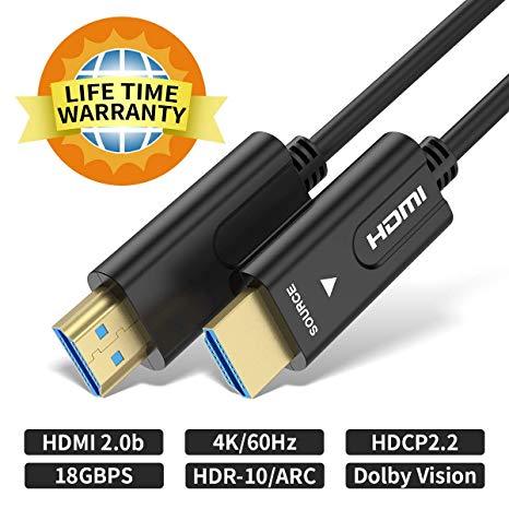 Fiber HDMI Cable 4K HDR 60Hz 50ft, BIFALE Fiber Optic HDMI 2.0b Cable, Support 18Gbps ARC,Dolby Vision, 3D,HDCP2.2,4:4:4 Switch and Projector, Roku, Slim and Flexible HDMI Fiber Optic Cable-15.3M