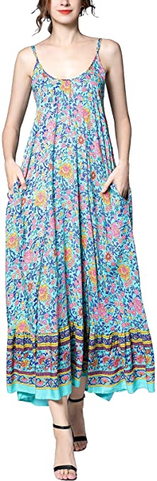 BUENOS NINOS Women's V Neck Floral Maxi Dress Boho Printed Adjustable Spaghetti Strap Ethnic Beach Long Dress with Pockets