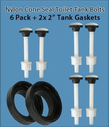 TimeSaver INDUSTRIAL NYLON 6 PACK Toilet Bolts and Seal Set INCLUDES TWO SoftSeal 2quot Tank-to-Bowl Gaskets Pan Head Bolts are 3 34quot x 38quot M95x10 each with cone seal and finger tab nut WILL NOT LEAK BIND or CORRODE