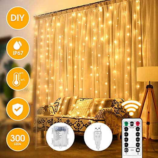VAZILLIO Curtain Lights, 3M*3M Timer 8 Model Warm White Light 300 LED Outdoor String Light for Gazebo, Wedding Backdrop, Bedroom Decor, Party
