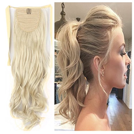 Ponytail Hair Extensions One Piece Tie Up Ponytail Clip in Hair Extensions Hairpiece Binding Pony Tail Extension for Girl Lady Woman bleach blonde