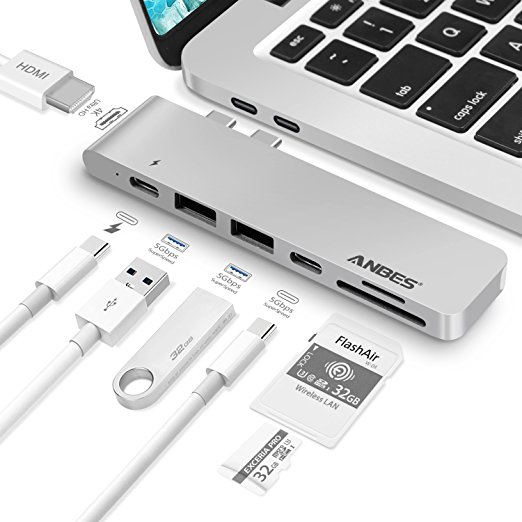 Anbes USB C Hub Aluminum Type-C Hub Adapter for 2016/2017 MacBook Pro for 13” and 15” with Thunderbolt 3/USB-C Port, 4K HDMI, Micro SD/ SD Card Reader, 2xUSB 3.0 Type-A Ports (Silver)