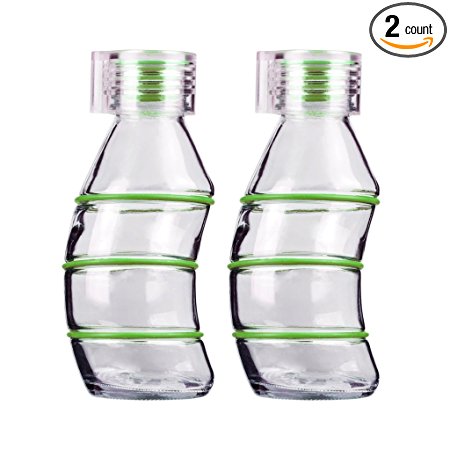 Set Of Two 12oz Curvy Reusable Glass Bottles 100% Recyclable - Funky Design With Clear Lid & Matching Silicone Stopper By Consol