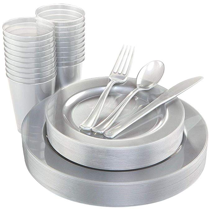 WDF 25 Guest Silver Plates with Disposable Plastic Silverware&Silver Cups-Neon Clear Plastic Dinnerware include 25 Dinner Plates,25Salad Plates,25Forks, 25 Knives, 25 Spoons,25 Plastic Cups