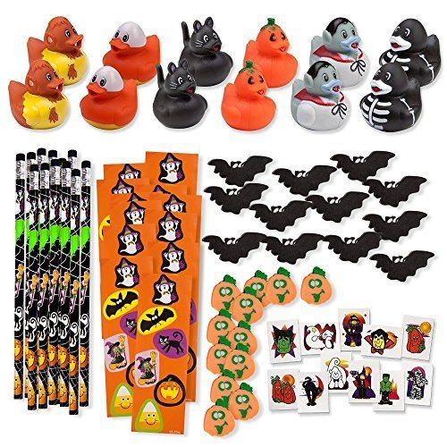 156 Piece Mega Halloween Toy Novelty Assortment 12 Halloween Ducks 12 Halloween Pencils 12 Halloween Sticker Sheets 48 Halloween Erasers 72 Halloween Glitter Tattoos