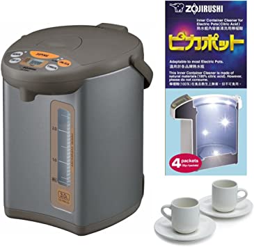 Zojirushi CD-WCC30 Micom Water Boiler and Warmer (101 oz, Silver Dark Brown) CD-K03EJU Inner Container Cleaner (4 Packets) and Espresso Cup and Saucer Set (4-Pack) Bundle (4 Items)