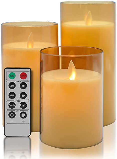 Flameless Candles Flickering Battery Operated Candles Pack of 3(D: 3"x H: 4"5"6") LED Candles Made of Unbreakable plexiglass and Remote Control with 24-Hour Timer(Grey)… (Dark Brown)