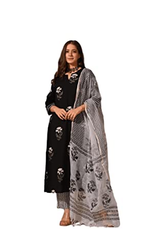 Royal Export Women's Straight Floral Printed Black Kurta Pant & Dupatta