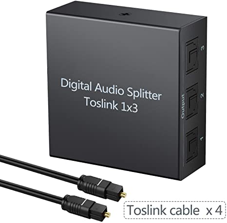 eSynic SPDIF Toslink, 1X3 Optical Digital Audio Splitter with 4Pcs 6.5ft Optical Cable Aluminum Alloy Toslink Splitter 1 in 3 Out Support LPCM 2.0 PCM DTS AC3 for PS3/4 Blue-Ray DVD HDTV