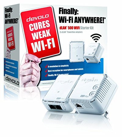 devolo dLAN 500 Wi-Fi Powerline Starter Kit (2 x PLC Homeplug Adapter, 1 x LAN Port, Wi-Fi Signal Booster, Wireless Range Extender, Wi-Fi Move, whole home wifi Power Save) - White