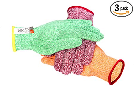 C0224L3 3 Color Cut Resistant Gloves Red For Meat, Green For Veg, Yellow For Fruit- High Performance Cut Level 5, Food Grade No Cross Contam, 3Piece Large