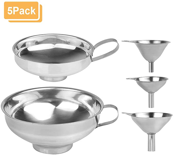 Picowe 5Pack Canning Funnels, 2 for Wide and Regular Mouth Mason Jar Spices Cans, 3 for Filling Bottles, Stainless Steel with Loops