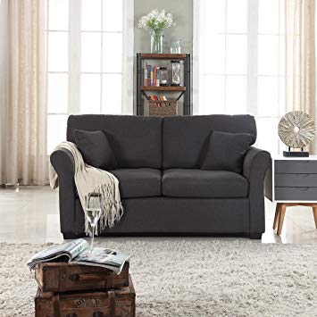 Classic and Traditional Ultra Comfortable Linen Fabric Loveseat - Living Room Fabric Couch (Dark Grey)