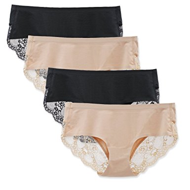 Liqqy Women's 3 Pack Cotton Lace Coverage Seamless Brief Panty Underwear