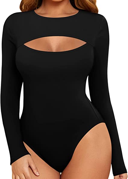 MANGOPOP Women's Sexy Cutout Front T Shirt Long Sleeve Short Sleeve Bodysuit Jumpsuits