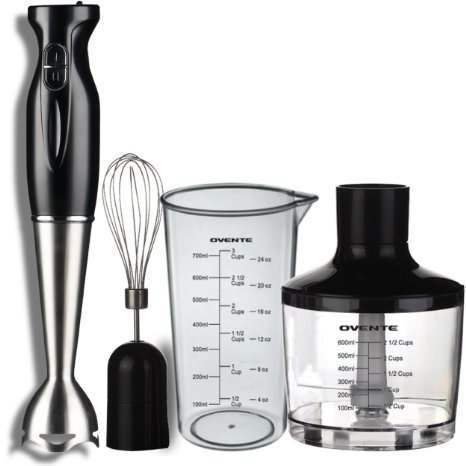 Ovente HS585B Robust Stainless Steel Immersion Hand Blender with Beaker, Whisk Attachment and Food Chopper, Black