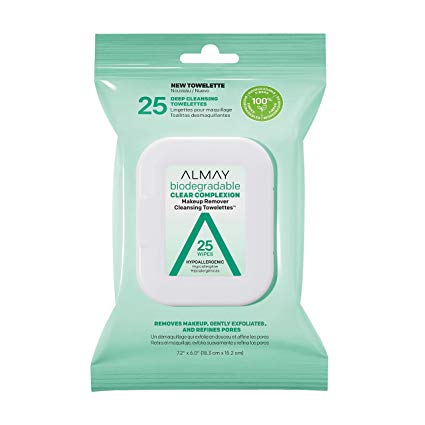 Almay Biodegradable Clear Complexion Makeup Remover Cleansing Towelettes, Hypoallergenic, Cruelty Free, Fragrance Free, Dermatologist Tested, 25 Makeup Remover Wipes