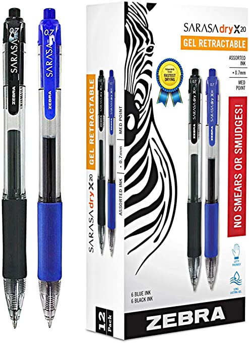 Zebra Sarasa Retractable Gel Ink Pens, Medium Point 0.7mm, Bulk Combo Pack of 6 BLUE Gel Pens & 6 BLACK INK Zebra Gel Pens (Black/Blue)