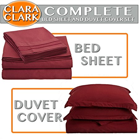 Clara Clark Complete 7 Piece Bed Sheet and Duvet Cover Set, Queen Size, Burgundy Red