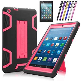 Mignova case for The New Amazon Fire HD 8 Tablet (7th and 8th Generation, Released 2017/2018) - Heavy Duty Hybrid case with Built-in Kickstand  Screen Protector and Stylus (Black/Pink)