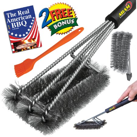 ABAM Grill Brush 3 Core Stainless Steel - NEW Barbecue Clean grill grates 360* - 18" Handle - Professional Sturdy bristles - Best BBQ easy cleaner- Free: Silicone basting brush   e-book.