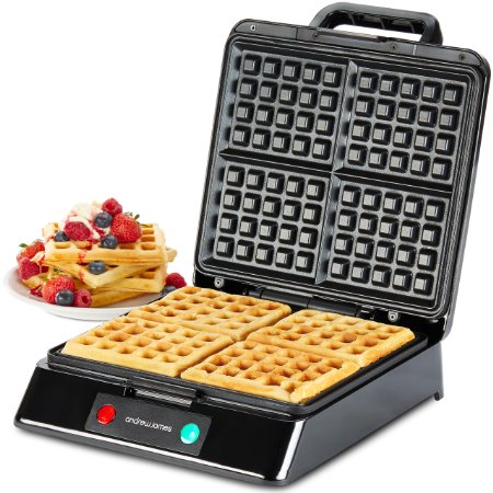 Andrew James 4 Slice Belgian Waffle Maker In Metallic Red 1200 Watts With 2 Year Warranty