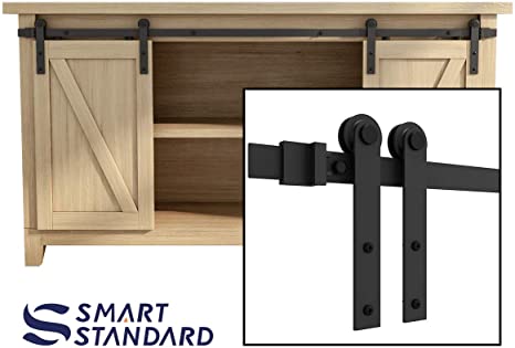 SMARTSTANDARD 5FT Super Mini Double Door Cabinet Sliding Barn Door Hardware Kit -Smoothly and Quietly -for TV Stand, Closet, Window -Fit 15" Wide Door Panel -I Shape Hanger (NO Cabinet)