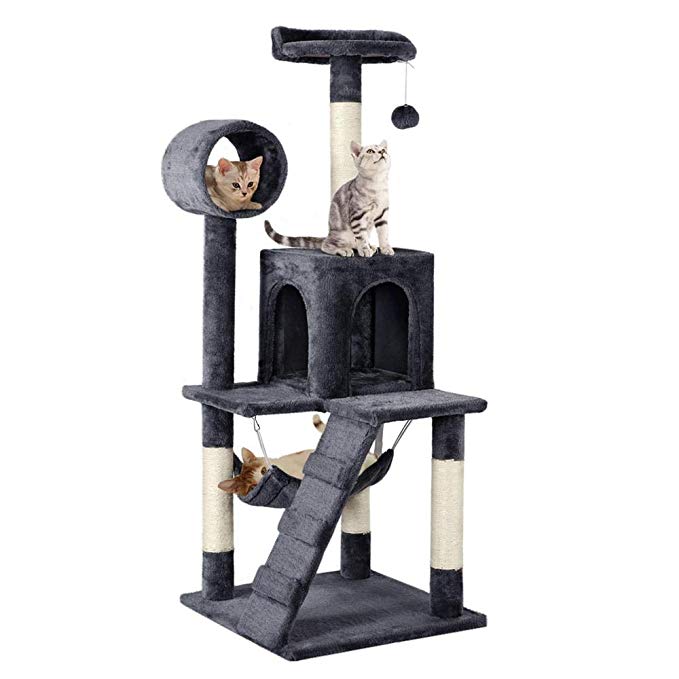 Yaheetech Cat Tree Tower Activity Centres Scratching Post with Tunnel/Condo/Hammock,Dark Grey