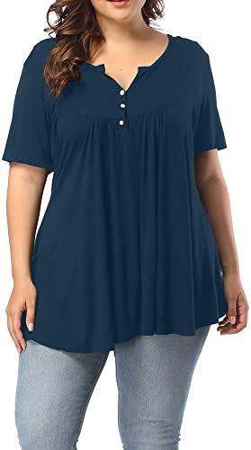 Allegrace Women's Plus Size Henley V Neck Button Up Tunic Tops Casual Short Sleeve Ruffle Blouse Shirts