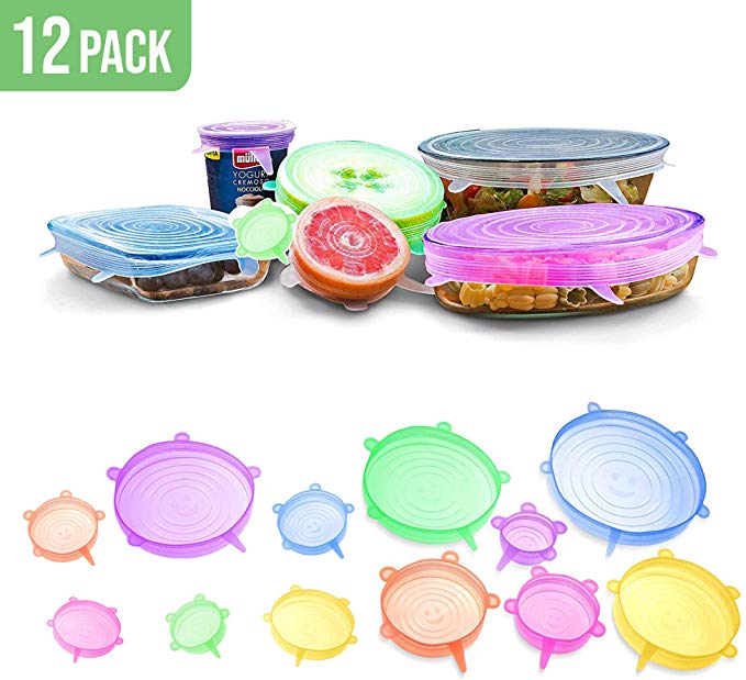 Silicone Flexible Lids Multicolor – The Ultimate Stretchable Instalids Silicon Cover Lid to Fit Multiple Containers Sizes and Keep Food Fresh Heat and Freeze, Expandable, Reusable, Durable, (12 Pack)