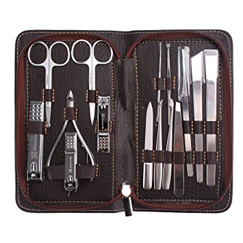 Queentools 15pcs Stainless Steel Manicure & Pedicure Set, Ear Pick Nail Clippers Set with a Brown PU Leather Case