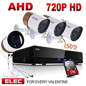 ELEC AHD 720P 8CH DVR Video Surveillance Security Camera System Pre-Installed 1TB Hard Drive, 2000TVL 1.3MP 4 CCTV Weatherproof 60ft Night Vision Bullet Cameras Remote Access