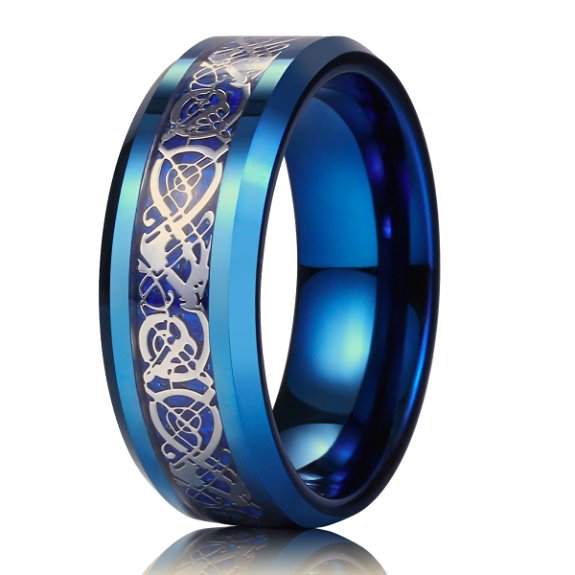 King Will Men Women 8mm Tungsten Carbide Ring Blue Carbon Fiber Silver Celtic Dragon Inlay Wedding Band