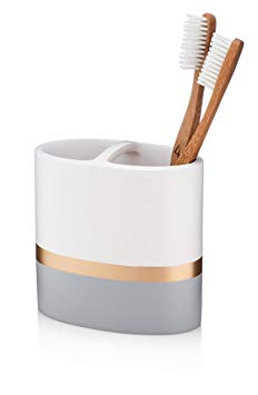 Essentra Home Day and Night Collection White and Grey with Gold Stripe Toothbrush Holder