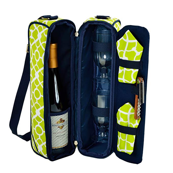 Picnic at Ascot - Deluxe Insulated Wine Tote with 2 Wine Glasses, Napkins and Corkscrew - Trellis Green
