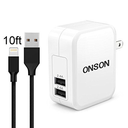 ONSON iPhone Charger,4.8A 24W Dual USB Portable Travel Wall Charger with Foldable Plug 10FT Long Apple Lightning Cable Charging Cord for iPhone 7/7Plus/6S/6S Plus/6/5S/SE/5C,iPad Air/Mini/Pro(White)