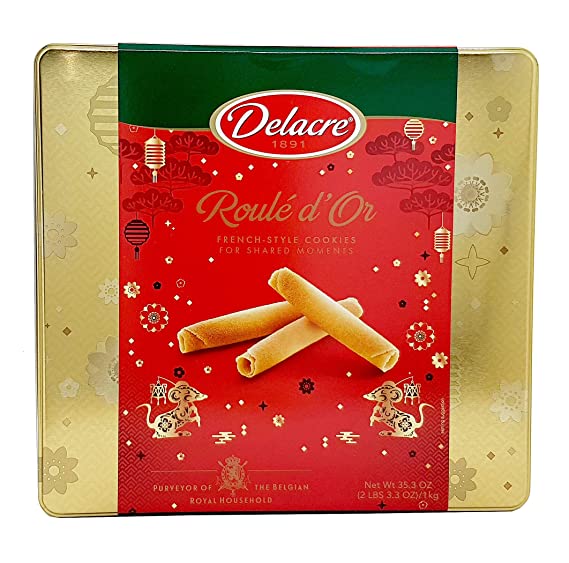 Delacre Exquisite European Biscuits ROULES D'OR Rich Thin crepe rolled into a delicate flute Tin Box Net Weight 35.3 OZ (1000 g)