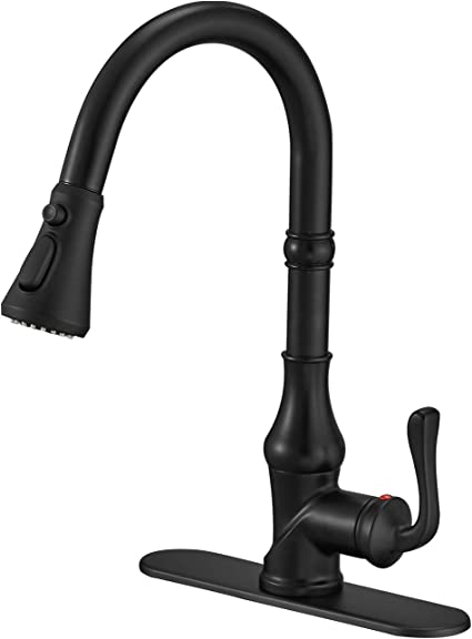 BWE Kitchen Faucet Matte Black with Pull Out Sprayer 3 Spray Modes Farmhouse Single Handle Singe Lever Gooseneck High Arc Kitchen Sink Faucet with Deck Plate Lead-Free Commercial Bar Kitchen Faucets