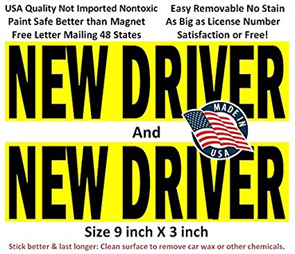 Premium 2 Pack NEW DRIVER sticker decal sign for rookie drivers, big text and removable back glue, stick better than magnets, no drop-off at car wash, no damage to paint if keep on for longer time.