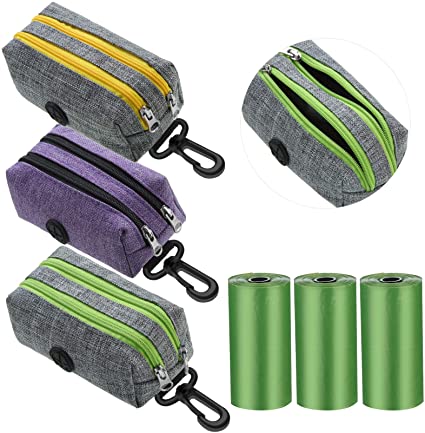 3 Pieces Dog Poop Dispenser with Double Zipper and 3 Roll of Waste Bags Leak-Proof Dog Waste Bags Oxford Cloth Waste Bag Dispenser Dog Poop Holder