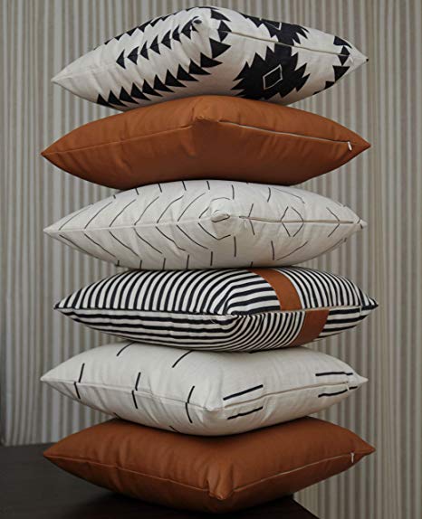 Efolki Decorative Throw Pillow Covers and Cases 18x18 inch Set of 6, Modern Design Cotton and Faux Leather, Boho, Mudcloth Farmhouse Pattern Decorative Pillow Covers for Couch, Sofa, or Bed