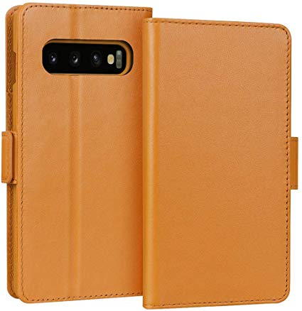 FYY Samsung Galaxy S10  Plus 6.4" Luxury [Cowhide Genuine Leather][RFID Blocking] Handcrafted Wallet Case, Handmade Flip Folio Case with[Kickstand Function] and[Card Slots] for Galaxy S10  Plus Yellow