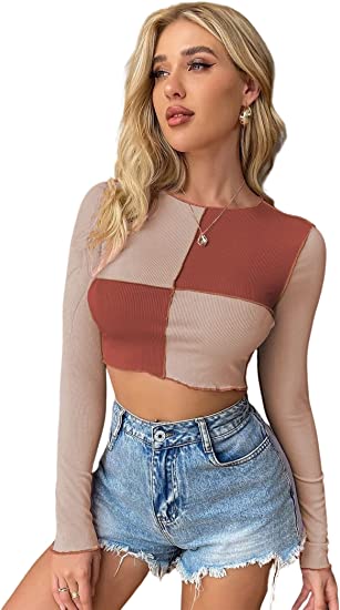 Milumia Women's Colorblock Long Sleeve Crop Top Ribbed Knit Contrast Stitch Tee Shirt