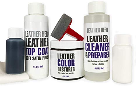 Leather Hero Leather Color Restorer Complete Repair Kit- Refinish, Recolor, Renew Leather & Vinyl Sofa, Purse, Shoes, Auto Car Seats, Couch 4oz (Black)