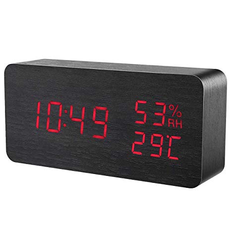 Oria LED Alarm Clock, Digital Wooden Clock, Multi-Function Alarm Clock, 3 Separate Alarm, Voice & Touch Activated, Temperature, Humidity and Date Display, 3 Adjustable Brightness, USB/Battery Powered