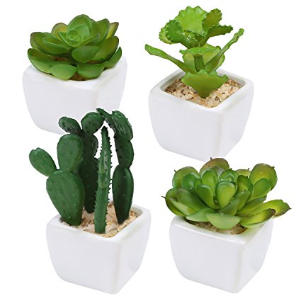 MyGift Set of 4 Miniature White Square Ceramic Planter Pots w/ Artificial Succulent & Cacti Plants