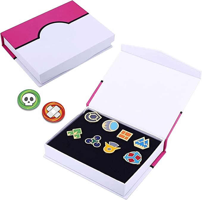 Totem World 8 Gym League Badges Set Metal Pins with Poison and Burner Counter Coin Inside a Gift Box (Sinnoh)