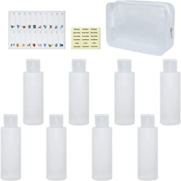 ZOADLE 100ML Squeezable Plastic Travel Bottles for Liquids, Air Travel Size Squeezy Toiletries Bottles with Waterproof Sticker Labels, White, 8PCS