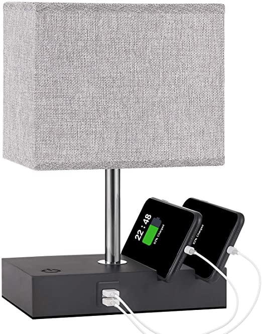 Touch Control Bedside Lamp with 2 USB Ports, Aooshine Fully-Dimming USB Table Lamp with 2 Phone Stands and Low Voltage Led Bulb, Grey Fabric Shade Modern Style, Suitable for Bedroom, Living Room, Off